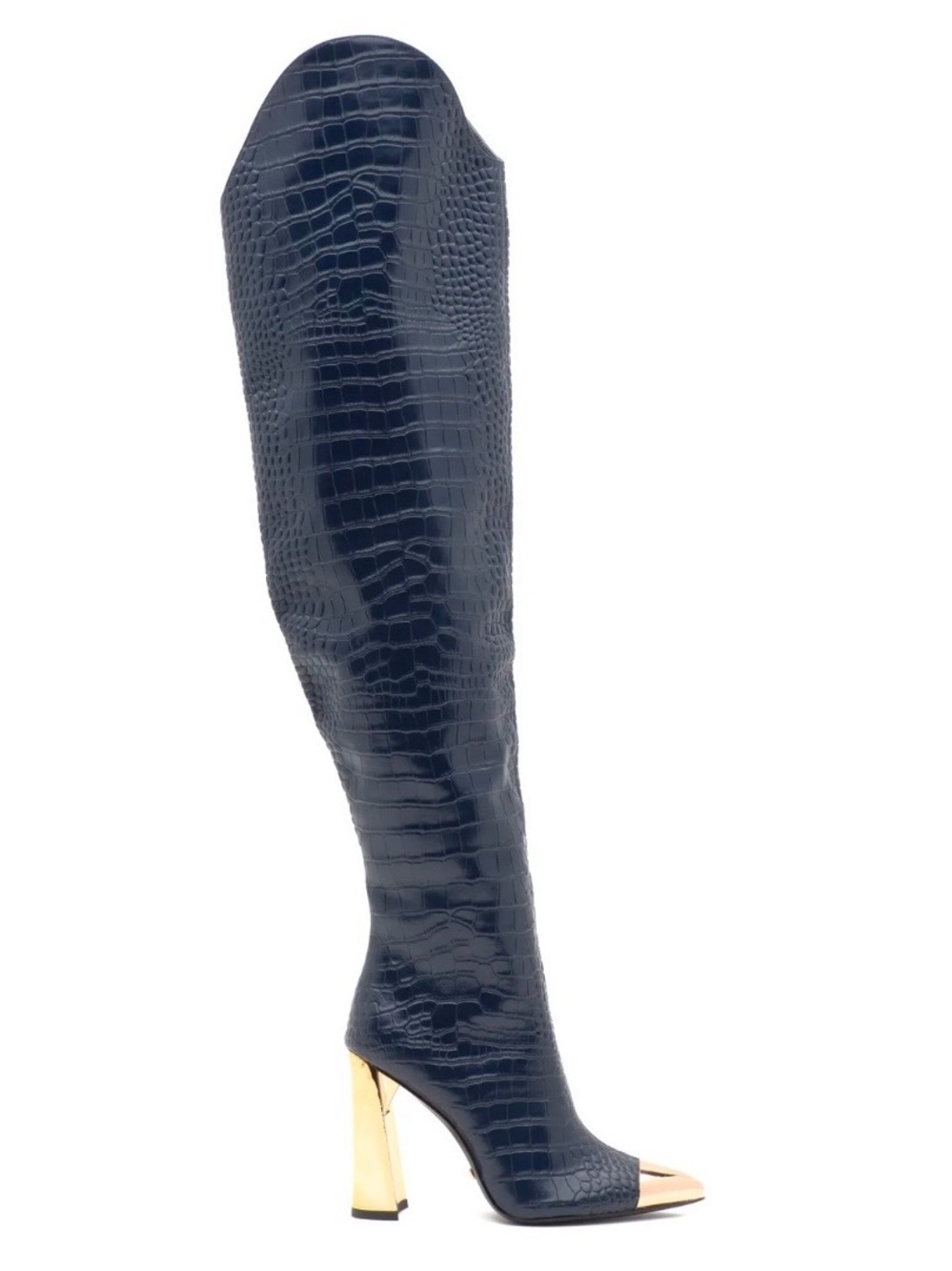 Jennifer Le Vendetta Navy Croc-Embossed thigh high Boot with Gold Accents